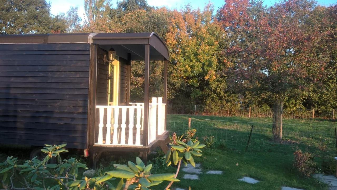 Pipowagen Elsebein Groningen Westerwolde unieke ligging met eigen tuin en vrij uitzicht over veld naar natuurgebied Onstwedde Buitenkant foto
