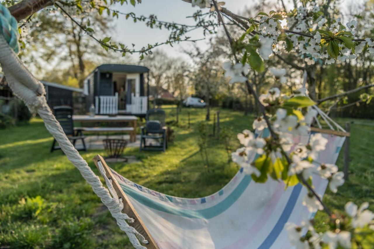 Pipowagen Elsebein Groningen Westerwolde unieke ligging met eigen tuin en vrij uitzicht over veld naar natuurgebied Onstwedde Buitenkant foto